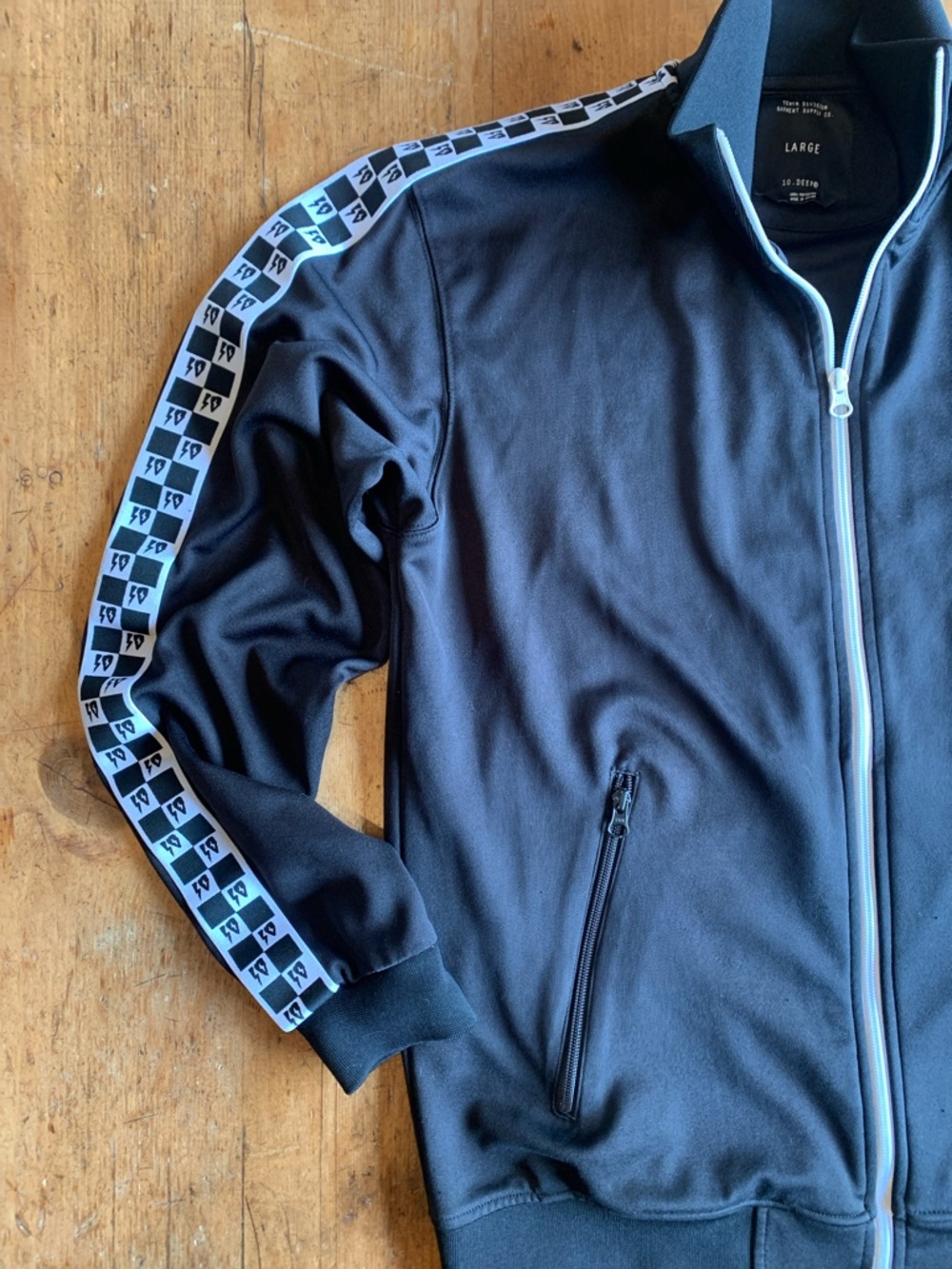 10.Deep Black Track Bomber Jacket with White Accent Tape - Picture 4 of 16